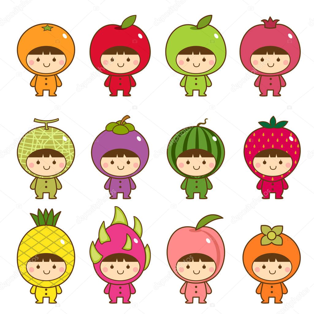 Set of kids in cute fruits costumes