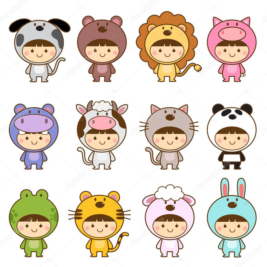 Set of kids in cute animals costumes