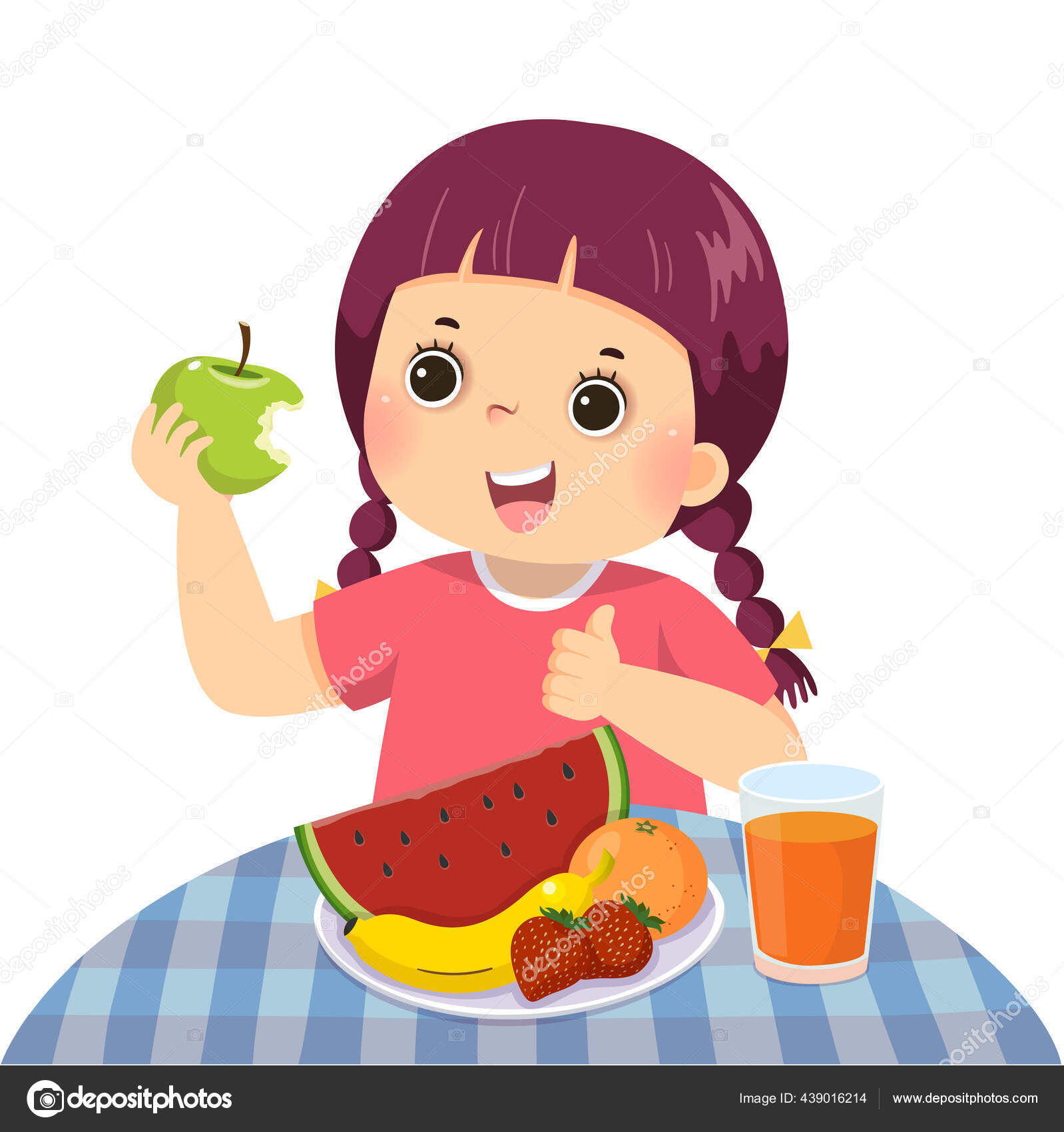 Vector Illustration Cartoon Little Girl Eating Green Apple Showing