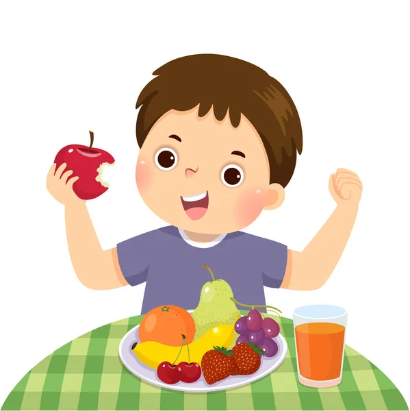 ベクトルイラスト漫画の小さな男の子食べる赤いリンゴと彼の強さを示す — ストックベクタ