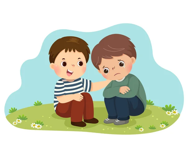 Vector Illustration Cartoon Little Boy Consoling His Crying Friend — Stock Vector