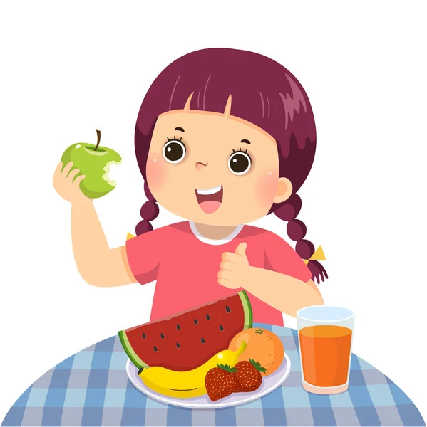 Vector Illustration Cartoon Little Girl Eating Green Apple Showing Thumb — Stock Vector