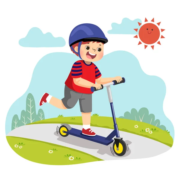 Vector Illustration Cartoon Little Boy Riding Two Wheeled Scooter Park — Stock Vector
