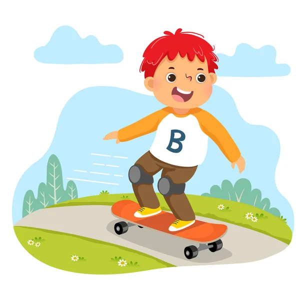 Vektor Gambar Kartun Anak Kecil Naik Skateboard Taman - Stok Vektor