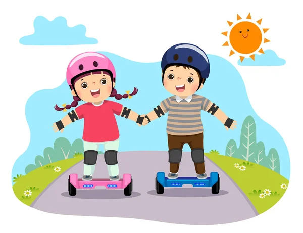 Illustrazione Vettoriale Bambini Felici Caschi Sicurezza Che Cavalcano Hoverboard Nel — Vettoriale Stock