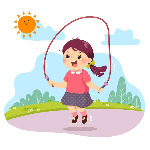 Illustrazione Vettoriale Cartone Animato Bambina Saltando Corda Nel Parco — Vettoriale Stock