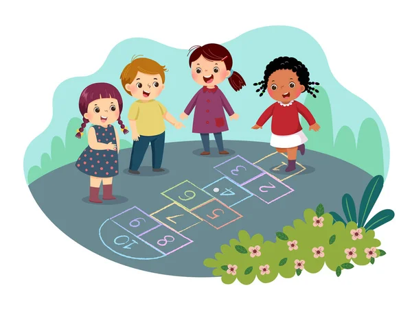 Desenho Animado Ilustração Vetorial Crianças Jogando Hopscotch Desenhado Com Giz — Vetor de Stock