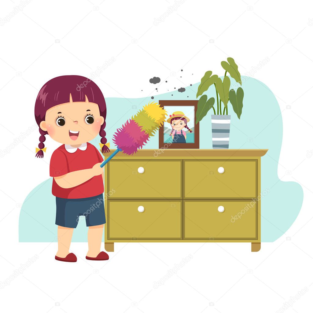 Vector illustration cartoon of a little girl dusting the cabinet. Kids doing housework chores at home concept.