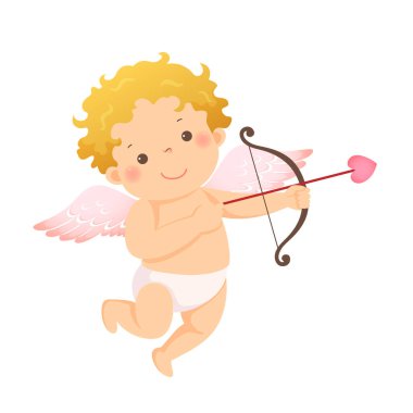 Pembe kalp şeklindeki küçük aşk tanrısının vektör çizimi. Sevgililer Günü 'nün vektör çizimi