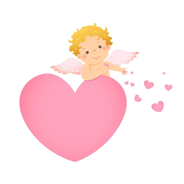 Illustrazione Vettoriale Cartone Animato Piccolo Cupido Dietro Rosa Forma Cuore — Vettoriale Stock