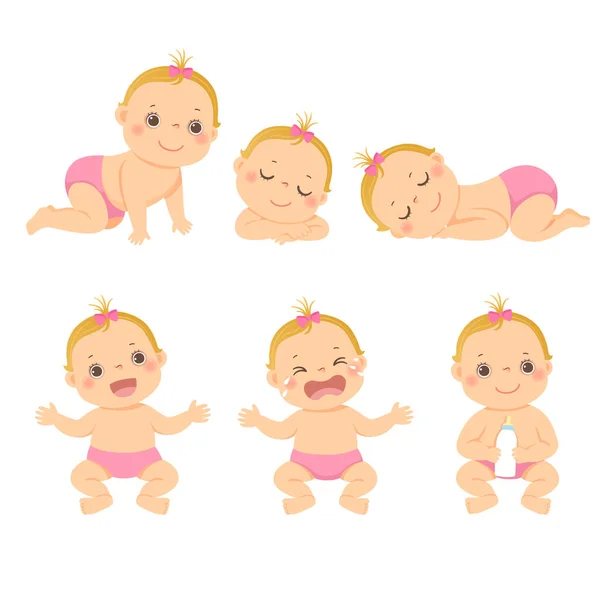 Vector Illustration Cartoon Set Cute Little Baby Toddler Girl Different — Stock Vector