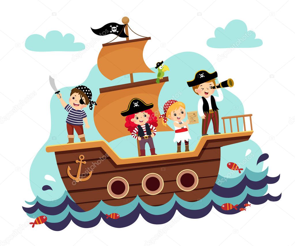 Vector illustration cartoon of kids pirates on the ship at the sea.