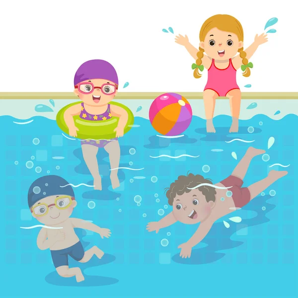 Illustrazione Vettoriale Cartone Animato Bambini Felici Che Nuotano Piscina — Vettoriale Stock