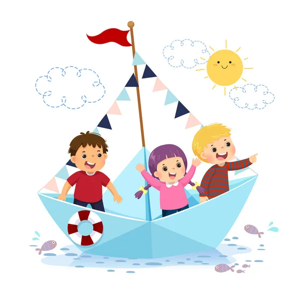 Desenho Animado Ilustração Vetorial Crianças Felizes Flutuando Barco Papel Água — Vetor de Stock