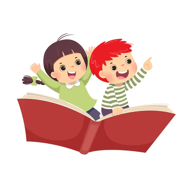 Illustrazione Vettoriale Cartone Animato Bambini Felici Che Volano Sul Libro — Vettoriale Stock