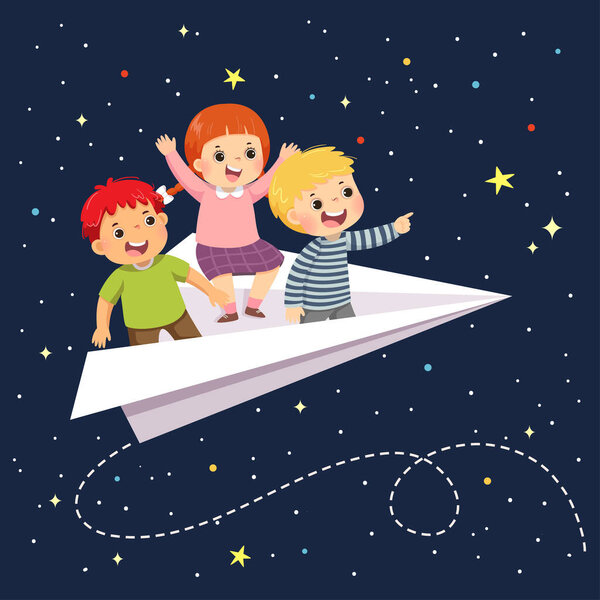 Vector illustration cartoon of happy three kids flying on the paper airplane in the starry sky at night.