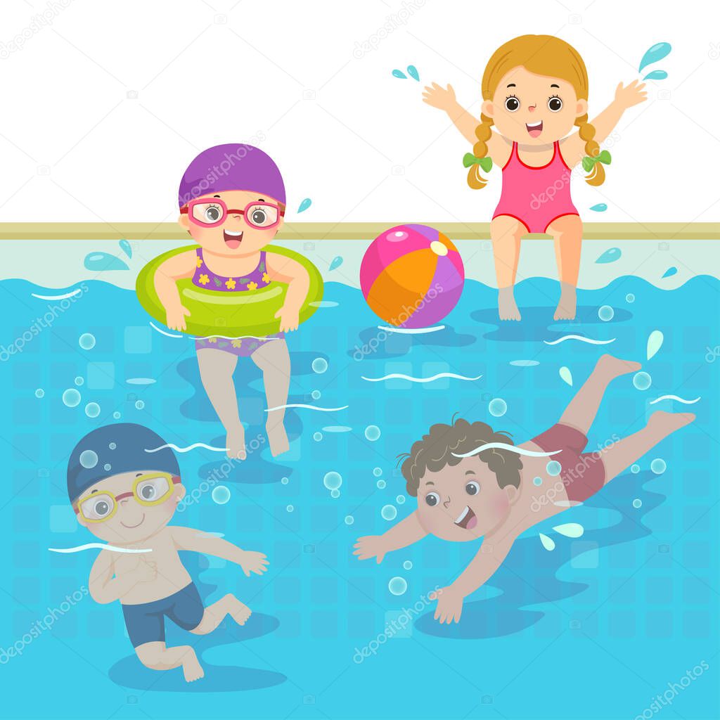 Vector illustration cartoon of happy children swimming in the pool.