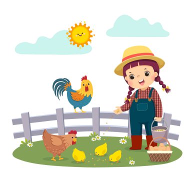 Küçük kız çiftçinin tavuklarını beslediği vektör çizimi..