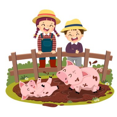 Vector illustration cartoon of happy kids looking at pig and piglet playing in mud puddle clipart