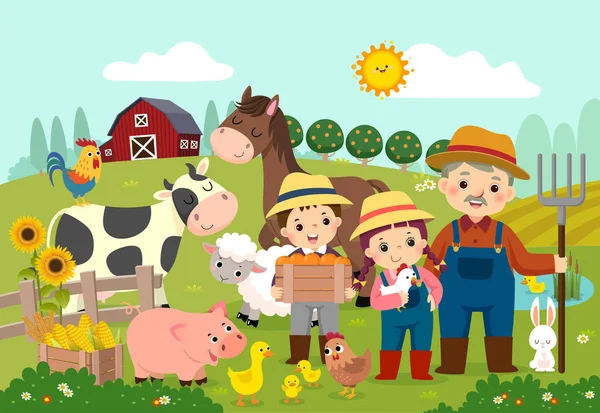 Desenho Animado Ilustração Vetorial Agricultor Feliz Crianças Com Animais Fazenda — Vetor de Stock