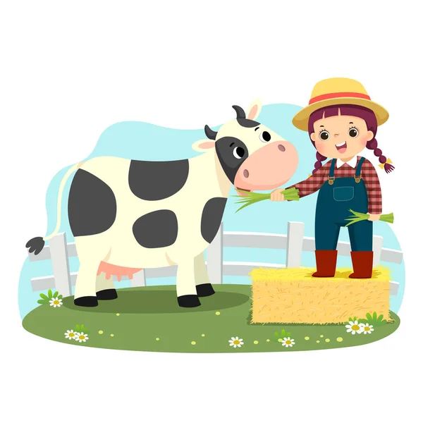 Dibujos Animados Ilustración Vectorial Niña Paca Heno Alimentando Vaca Con — Vector de stock