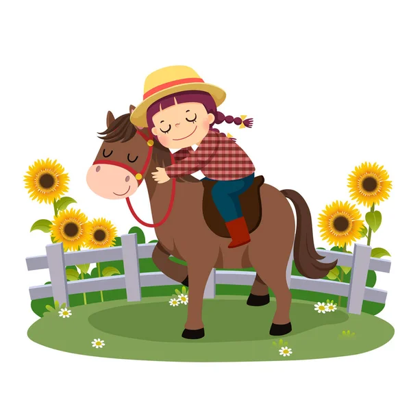 Illustrazione Vettoriale Cartone Animato Felice Ragazza Cavalcando Abbracciando Suo Cavallo — Vettoriale Stock