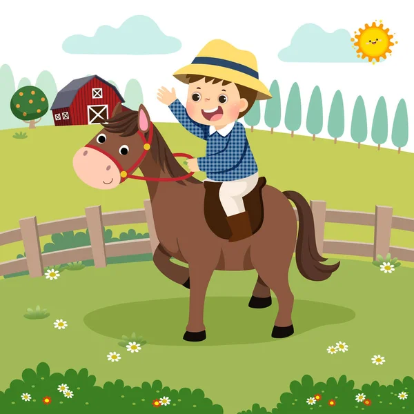 Desenho Animado Ilustração Vetorial Menino Montando Cavalo Fazenda — Vetor de Stock