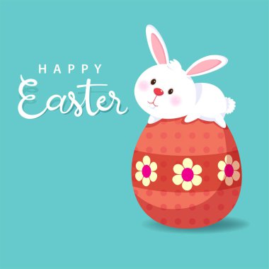 Beyaz Paskalya Tavşanlı tebrik kartı. Paskalya yumurtası ve sevimli tavşan.