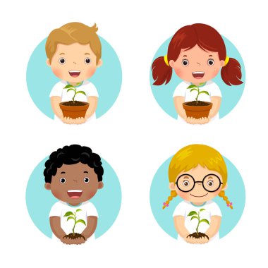 Genç bitkileri tutan bir grup çocuk.