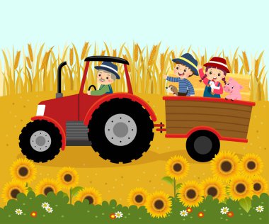 Vector illustration cartoon of happy elderly farmer driving a tractor with kids and bales of straw on a trailer with wheat flied background. clipart