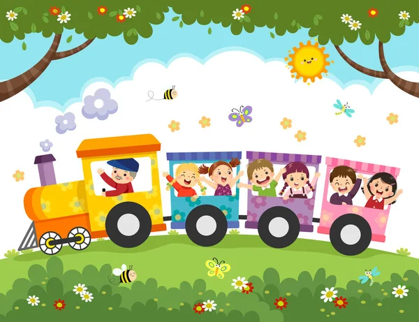 Vector Illustration Cartoon Happy Kids Train — Stock Vector