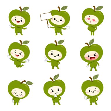 Çeşitli aktiviteleri ve duyguları olan yeşil elma çizgi film karakterleri.