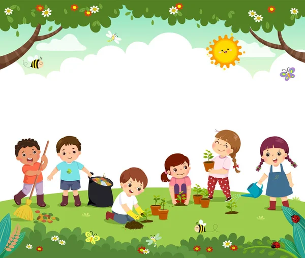 Modello Brochure Pubblicitaria Con Cartoni Animati Volontari Bambini Piantare Alberi — Vettoriale Stock