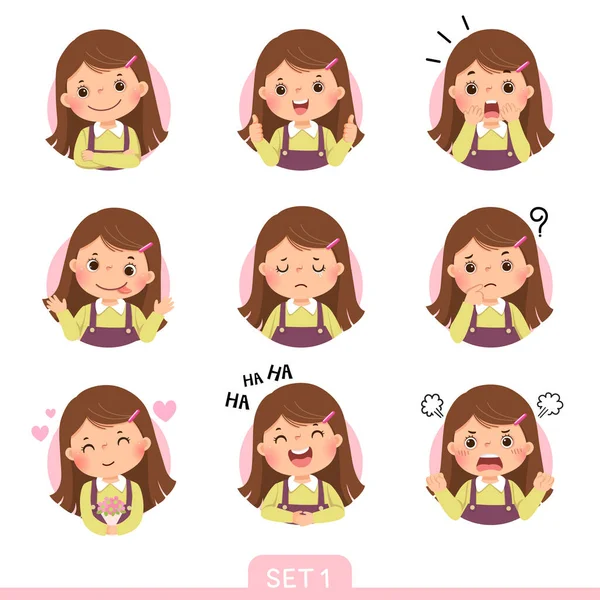 Conjunto Dibujos Animados Vectoriales Una Niña Diferentes Posturas Con Diversas — Vector de stock