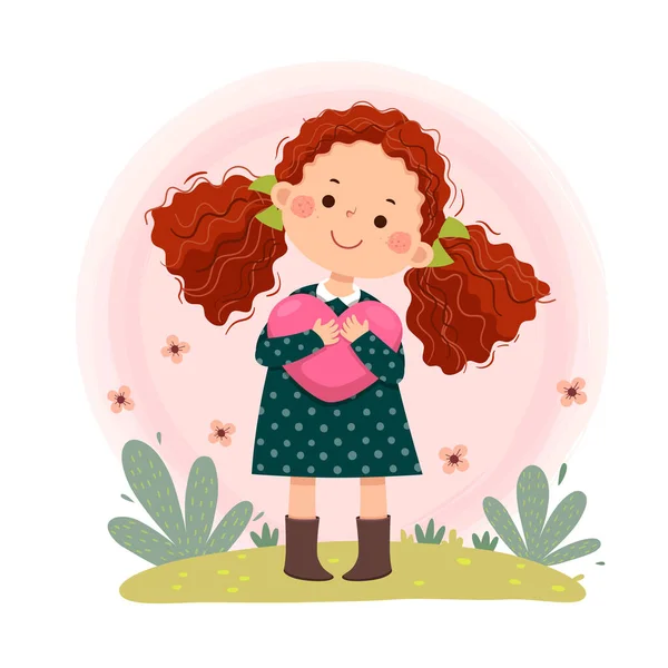 Vektorové Ilustrace Karikatura Malé Zrzavé Kudrnaté Vlasy Dívka Objímající Srdce — Stockový vektor