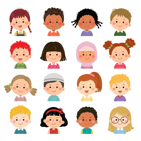 Conjunto Caras Niños Avatares Cabezas Niños Diversa Nacionalidad Estilo Plano — Vector de stock