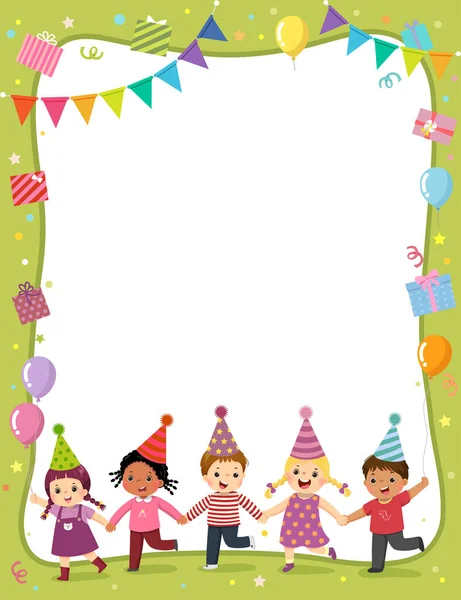 Шаблон Мультфильма Счастливых Детях Держащих Руки Приглашение Открытку День Рождения — стоковый вектор