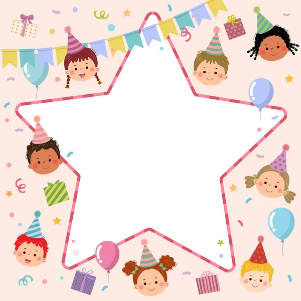 Netter Kinder Cartoon Mit Sternförmigem Rand Für Einladung Oder Geburtstagskarte — Stockvektor