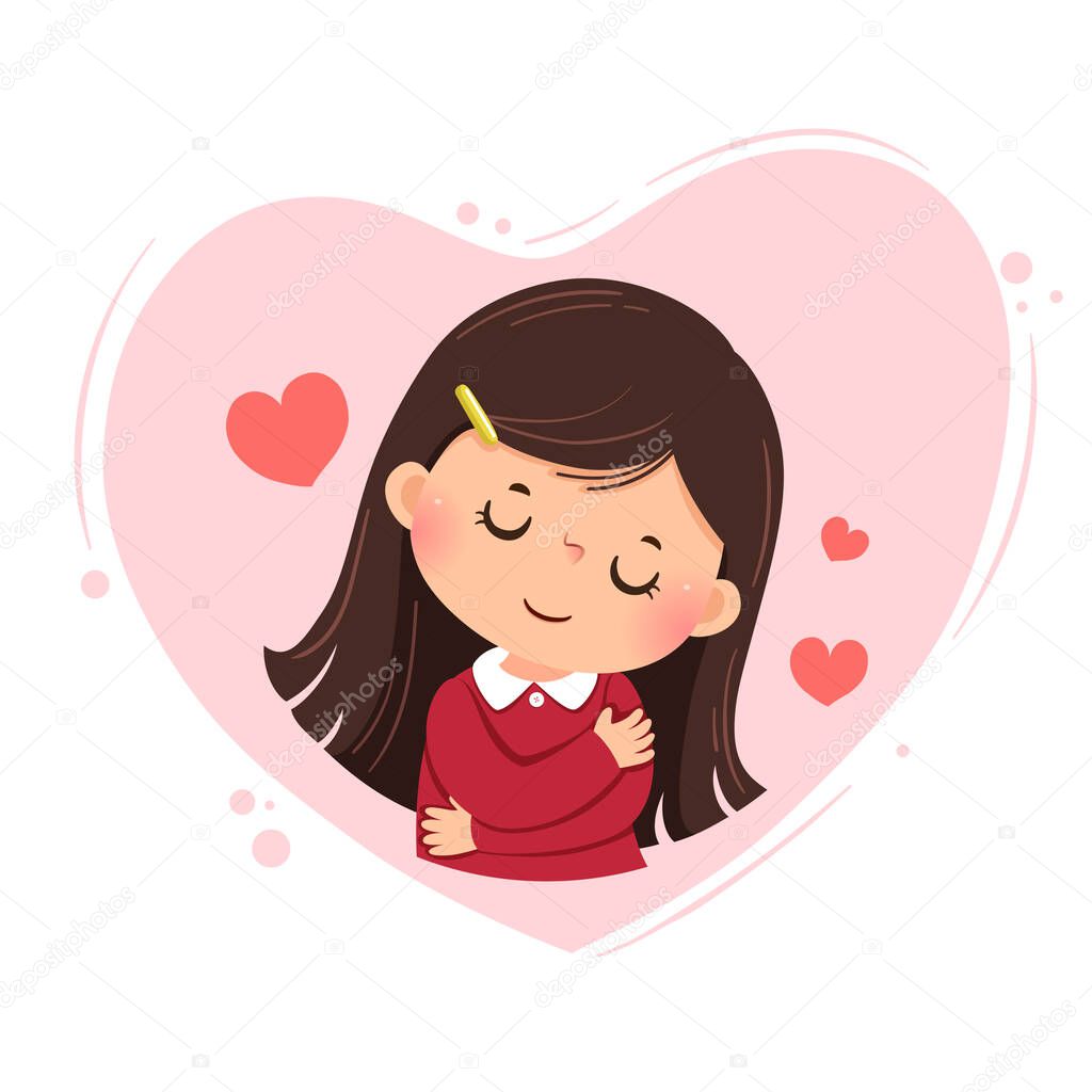 Vector illustration cartoon of a little girl hugging herself on pink heart background. Love yourself concept.