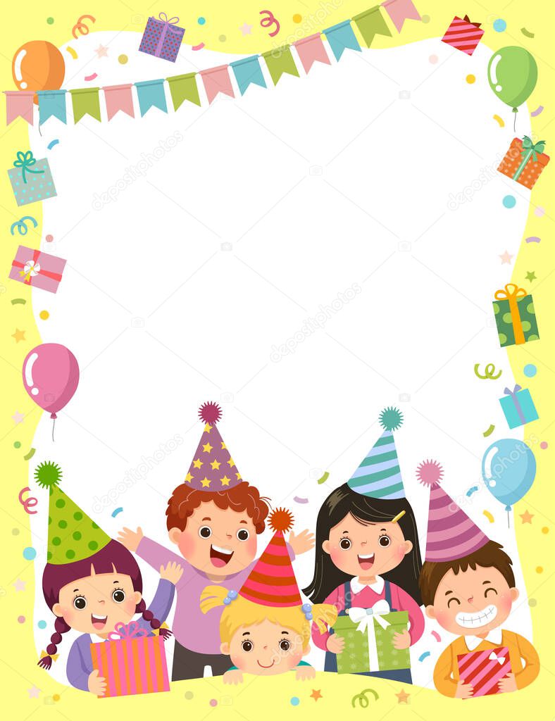 Template is ready for invitation for birthday party card with group of kids holding gift boxes.