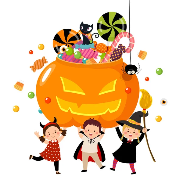 Niños Felices Disfraces Halloween Sosteniendo Una Calabaza Llena Caramelos — Vector de stock
