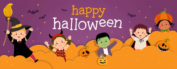 Banner Halloween Feliz Con Niños Felices Trajes Halloween Estilo Corte — Archivo Imágenes Vectoriales