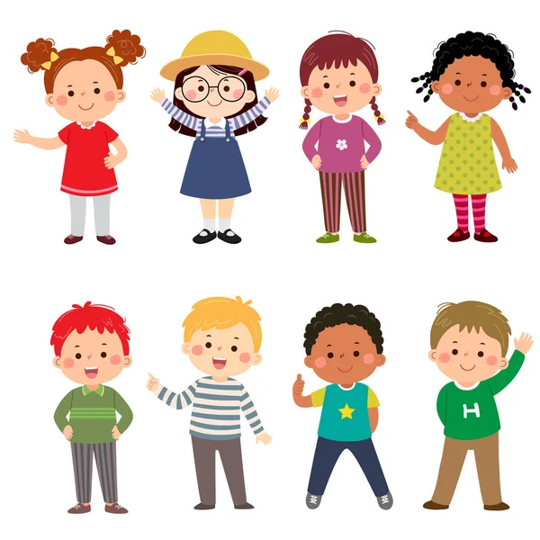Felice Collezione Cartoni Animati Bambini Bambini Multiculturali Diverse Posizioni Isolati — Vettoriale Stock