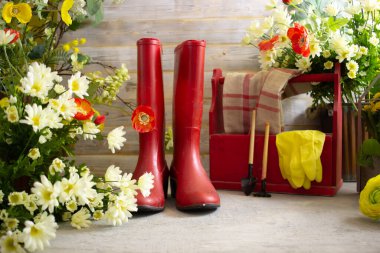 Bahçe kauçuk botlarında bahar işleri. Teneke ve çiçekleri suluyor.