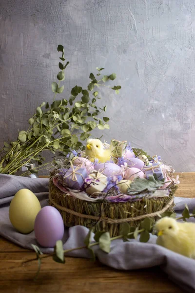 Easter nest with eggs and chicken