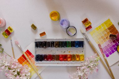 Beyaz arka planda boyalı farklı fırçalar