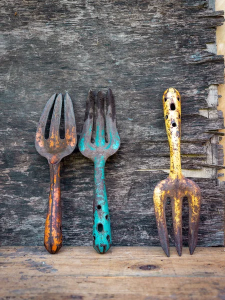 Viejas Herramientas Jardín Vintage Sobre Fondo Madera Bodegón — Foto de Stock