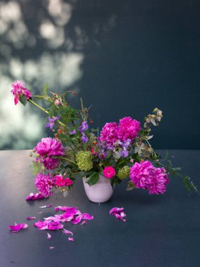 Parlak pembe şakayıklar yaz bahçesinde yetişir. 