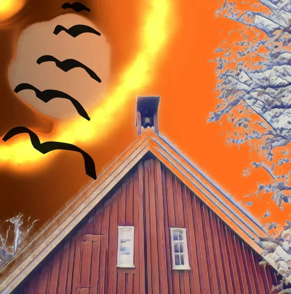 Kuşlar ahşap bir evin üzerinde uçuyor - Brums Verk