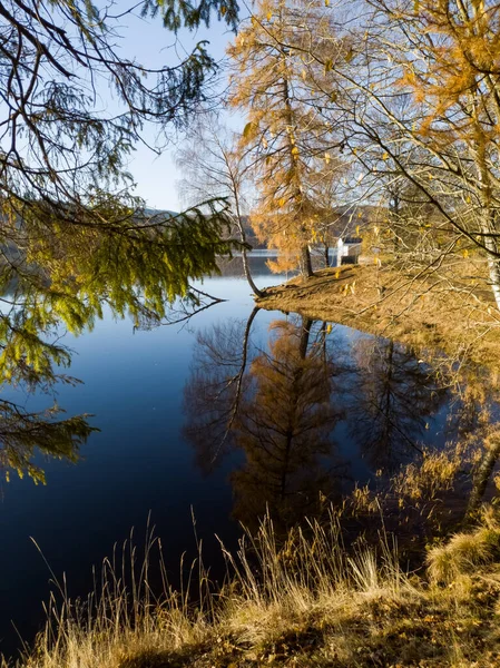 Återspegling Himmel Och Träd Sjöns Blå Vatten Bogstad Grd — Stockfoto